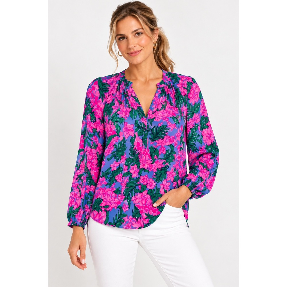 Lilly Pulitzer Elsa Womens Pink Blue Floral 100% Silk Smocked Blouse Top Size M